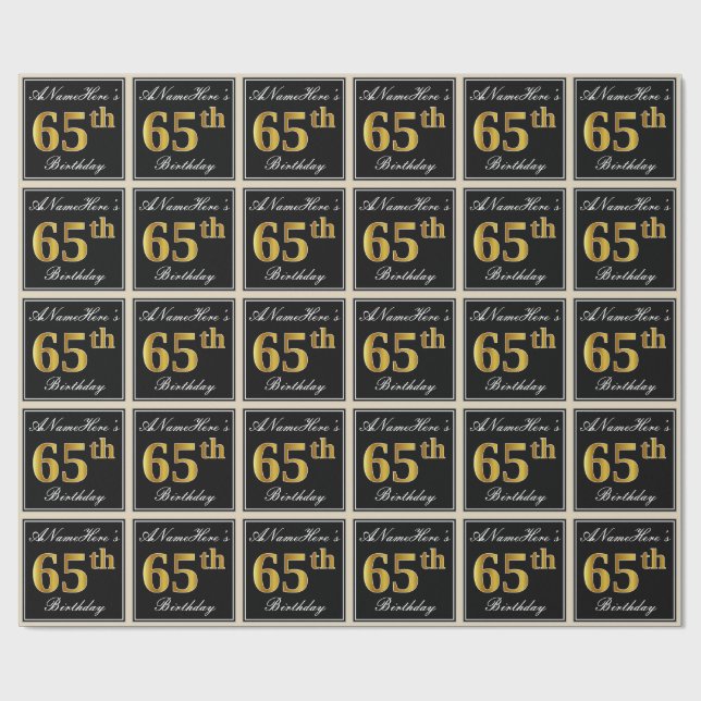Elegant, Faux Gold 65th Birthday + Custom Name Wrapping Paper (Flat)