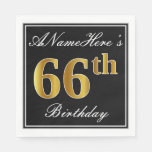 [ Thumbnail: Elegant, Faux Gold 66th Birthday + Custom Name Napkins ]