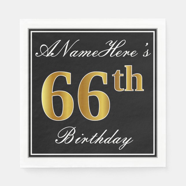 Elegant, Faux Gold 66th Birthday + Custom Name Paper Napkins (Front)