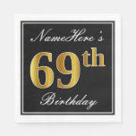 [ Thumbnail: Elegant, Faux Gold 69th Birthday + Custom Name Napkins ]