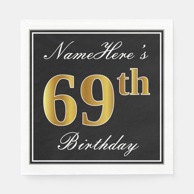 Elegant, Faux Gold 69th Birthday + Custom Name Paper Napkins (Front)