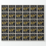 [ Thumbnail: Elegant, Faux Gold 69th Birthday + Custom Name Wrapping Paper ]