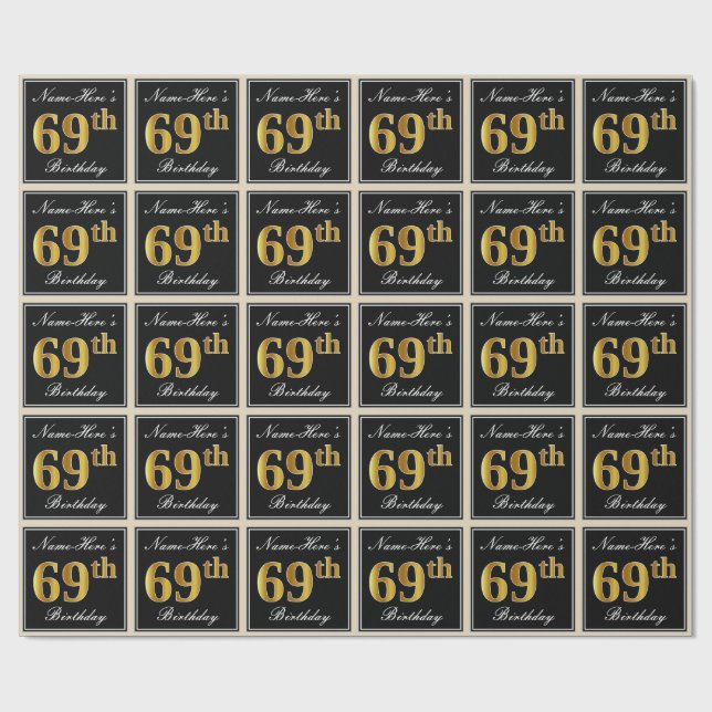Elegant, Faux Gold 69th Birthday + Custom Name Wrapping Paper (Flat)