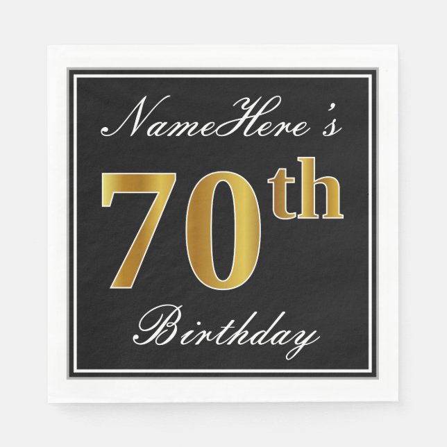 Elegant, Faux Gold 70th Birthday + Custom Name Paper Napkins (Front)