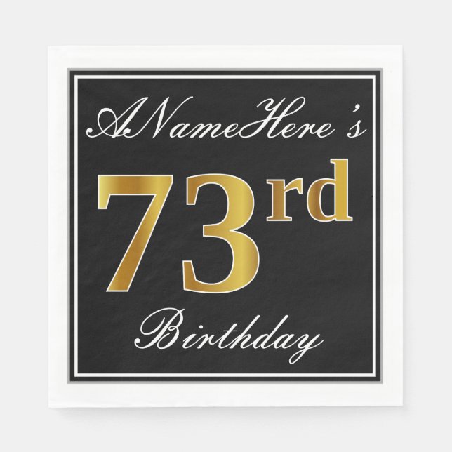 Elegant, Faux Gold 73rd Birthday + Custom Name Paper Napkins (Front)