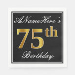 [ Thumbnail: Elegant, Faux Gold 75th Birthday + Custom Name Napkins ]