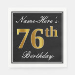 [ Thumbnail: Elegant, Faux Gold 76th Birthday + Custom Name Napkins ]