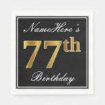 [ Thumbnail: Elegant, Faux Gold 77th Birthday + Custom Name Napkins ]
