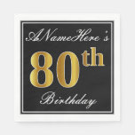 [ Thumbnail: Elegant, Faux Gold 80th Birthday + Custom Name Napkins ]