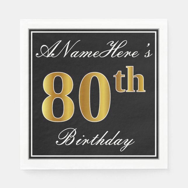 Elegant, Faux Gold 80th Birthday + Custom Name Paper Napkins (Front)