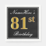 [ Thumbnail: Elegant, Faux Gold 81st Birthday + Custom Name Napkins ]