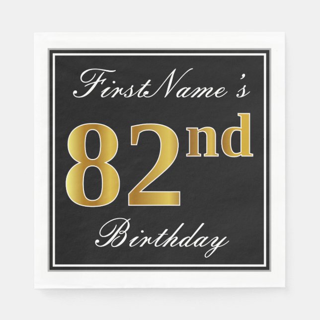 Elegant, Faux Gold 82nd Birthday + Custom Name Paper Napkins (Front)