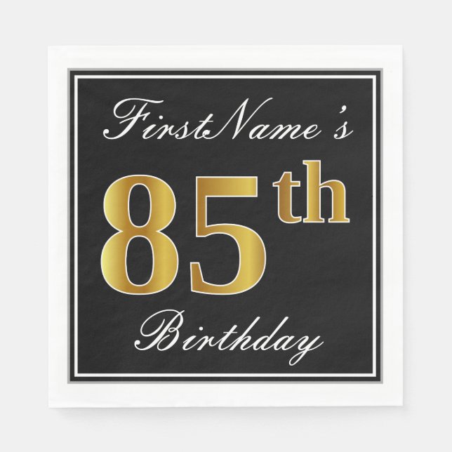 Elegant, Faux Gold 85th Birthday + Custom Name Paper Napkins (Front)