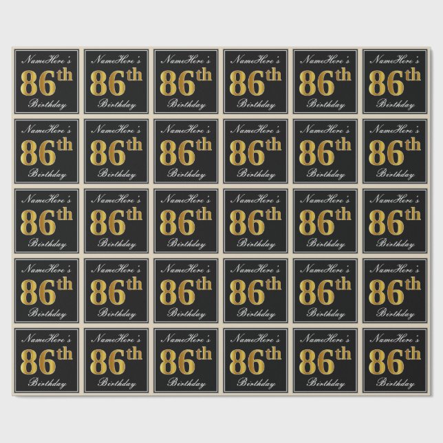Elegant, Faux Gold 86th Birthday + Custom Name Wrapping Paper (Flat)