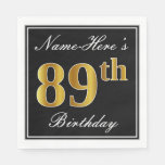 [ Thumbnail: Elegant, Faux Gold 89th Birthday + Custom Name Napkins ]