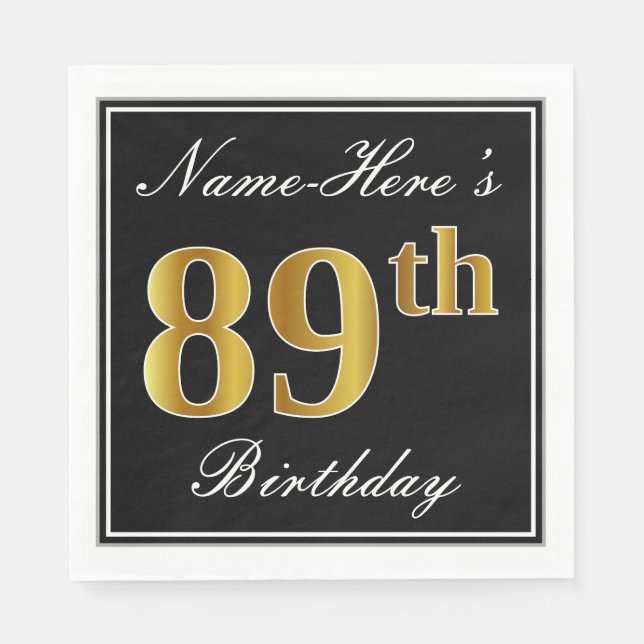 Elegant, Faux Gold 89th Birthday + Custom Name Paper Napkins (Front)