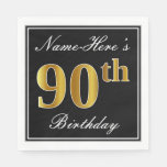 [ Thumbnail: Elegant, Faux Gold 90th Birthday + Custom Name Napkins ]