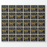 [ Thumbnail: Elegant, Faux Gold 90th Birthday + Custom Name Wrapping Paper ]