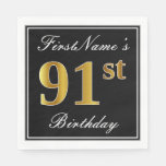 [ Thumbnail: Elegant, Faux Gold 91st Birthday + Custom Name Napkins ]