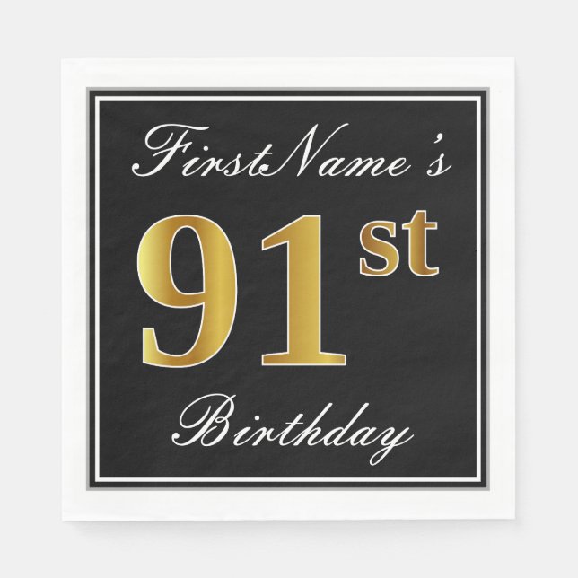 Elegant, Faux Gold 91st Birthday + Custom Name Napkins (Front)