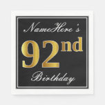 [ Thumbnail: Elegant, Faux Gold 92nd Birthday + Custom Name Napkins ]