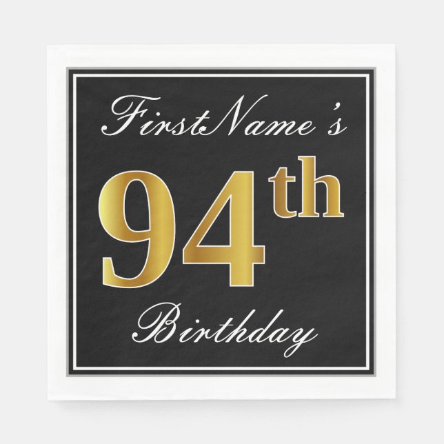Elegant, Faux Gold 94th Birthday + Custom Name Paper Napkins (Front)