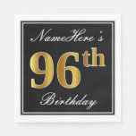 [ Thumbnail: Elegant, Faux Gold 96th Birthday + Custom Name Napkins ]