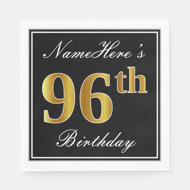 Elegant, Faux Gold 96th Birthday + Custom Name Paper Napkins (Front)