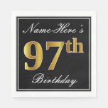 [ Thumbnail: Elegant, Faux Gold 97th Birthday + Custom Name Napkins ]