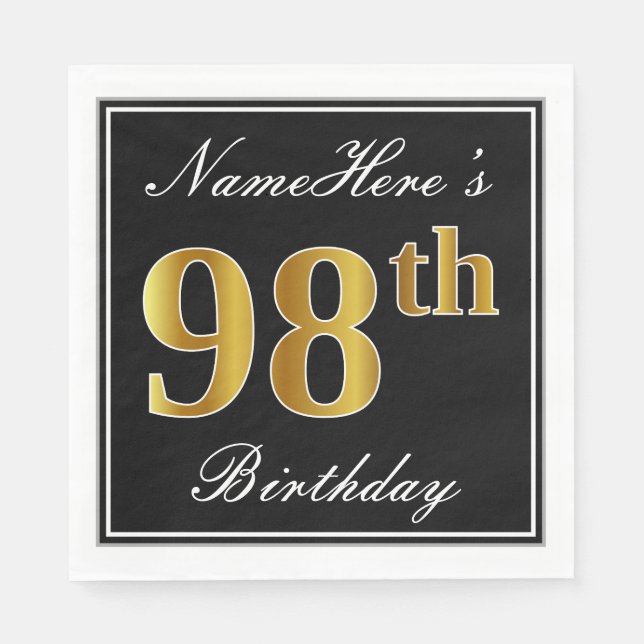 Elegant, Faux Gold 98th Birthday + Custom Name Napkins (Front)