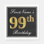 [ Thumbnail: Elegant, Faux Gold 99th Birthday + Custom Name Napkins ]