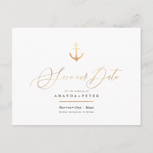 Elegant Faux Gold Anchor Nautical Save the Date Postcard