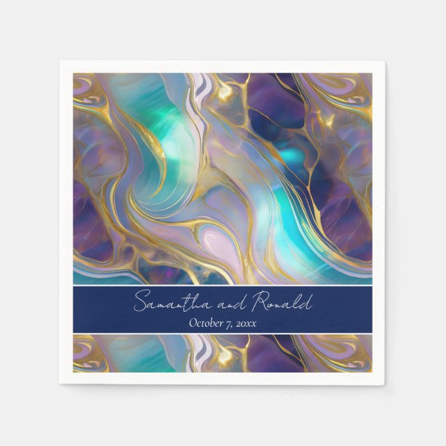 Elegant Faux Gold and Blue Opal Stone Wedding Napkins (Front)