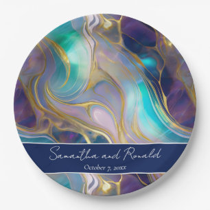 Elegant Faux Gold and Blue Opal Stone Wedding Paper Plates