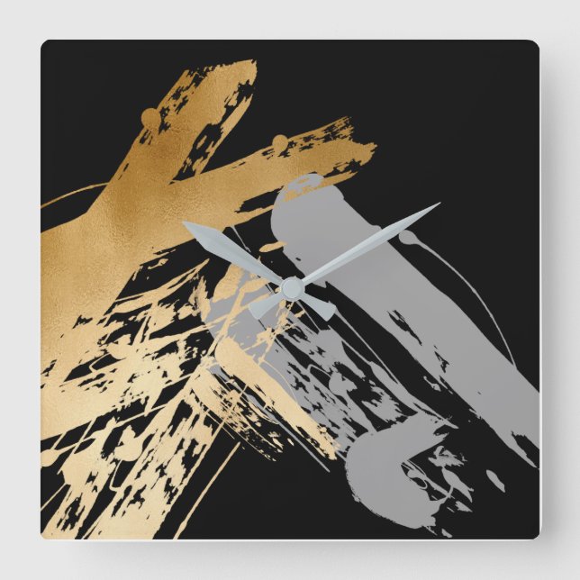 elegant faux gold and grey brushstrokes square wall clock (Front)