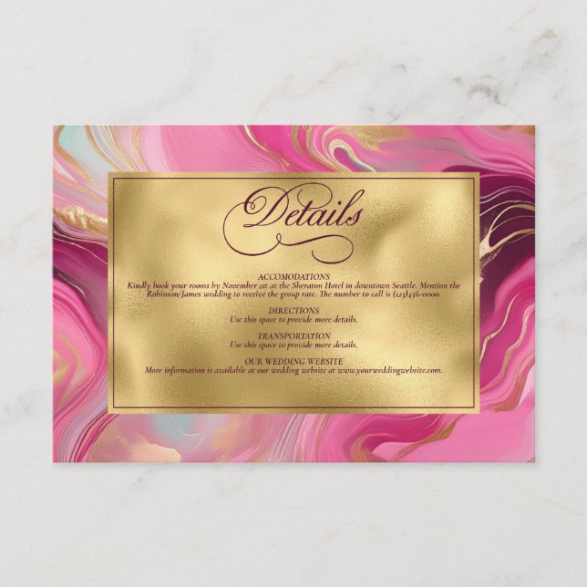 Elegant Faux Gold and Pink Marbled Wedding Enclosure Card (Front)