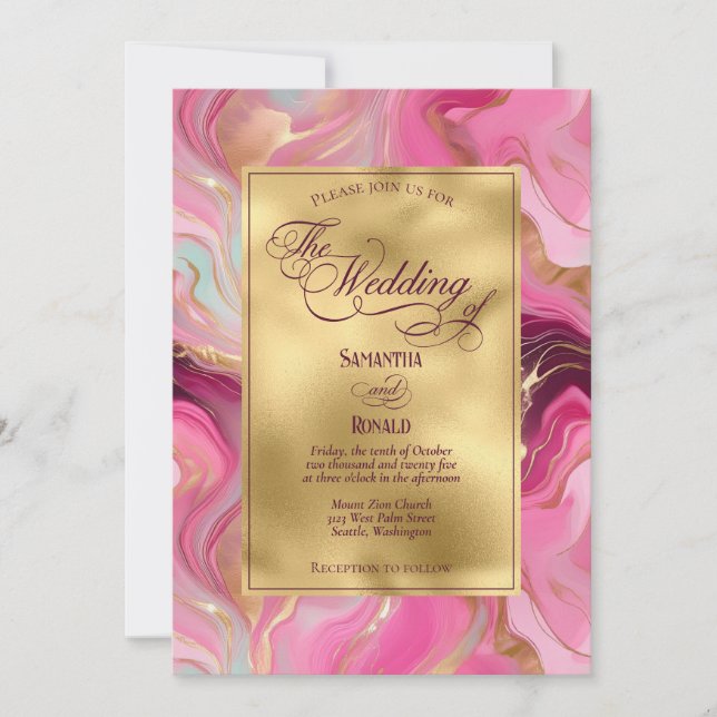 Elegant Faux Gold and Pink Marbled Wedding Invitation (Front)