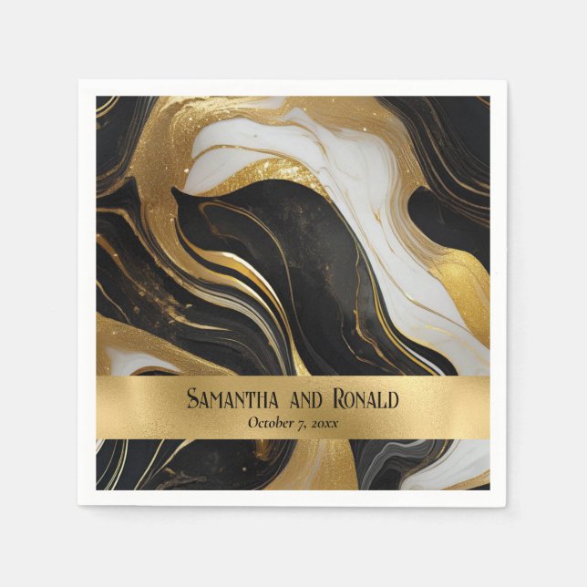Elegant Faux Gold, Black and White Marbled Wedding Napkins (Front)