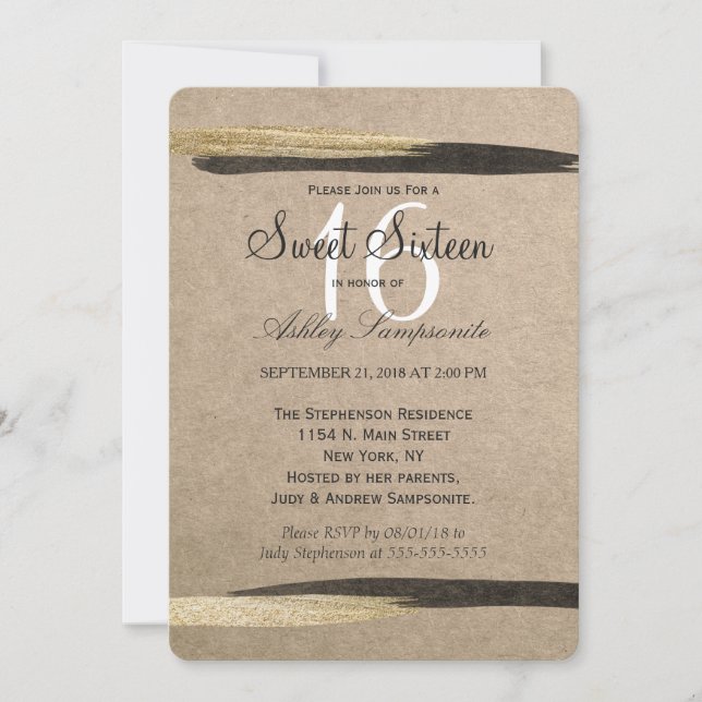 Elegant Faux Gold & Black Paint Strokes Invitation (Front)