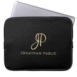 Elegant Faux Gold &amp; Black Typography Monogram Laptop Sleeve