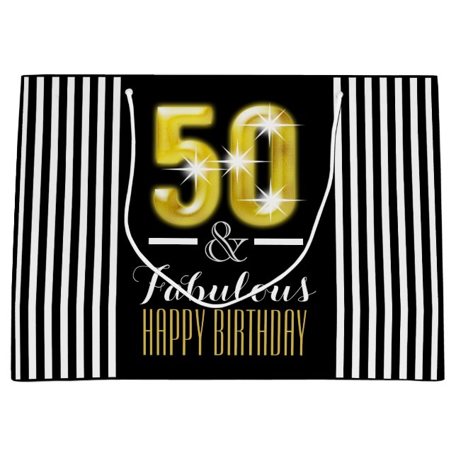 Elegant faux gold black white 50th birthday stripe large gift bag (Front)