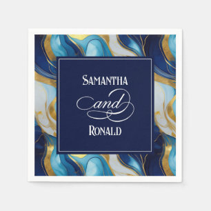 Elegant Faux Gold, Blue and White Marbled Wedding Napkins
