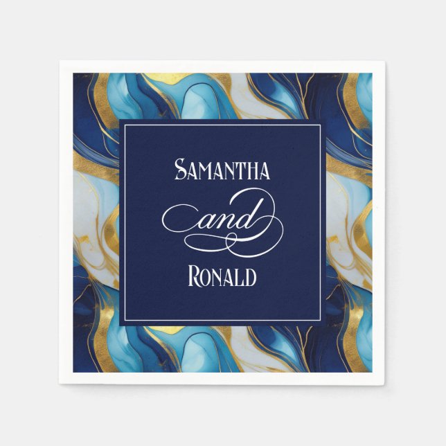 Elegant Faux Gold, Blue and White Marbled Wedding Napkins (Front)