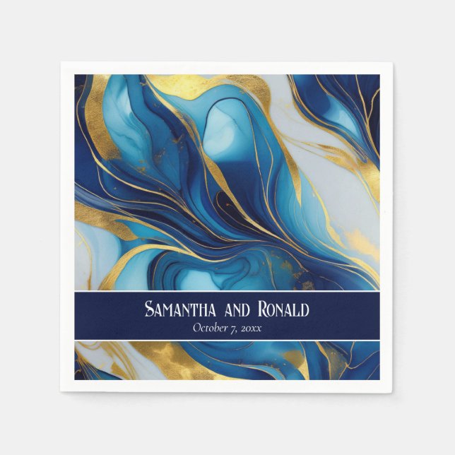 Elegant Faux Gold, Blue and White Marbled Wedding  Napkins (Front)