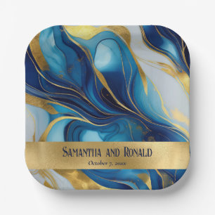 Elegant Faux Gold, Blue and White Marbled Wedding Paper Plates