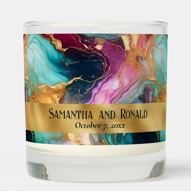 Elegant Faux Gold, Blue, Magenta, Green Marbled Scented Candle (Front)