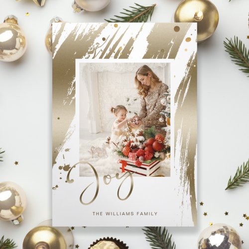 Elegant Faux Gold Brushstrokes wJoy Script Photo Holiday Card