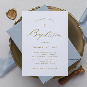 Elegant Faux Gold Calligraphy and Cross   Baptism Invitation