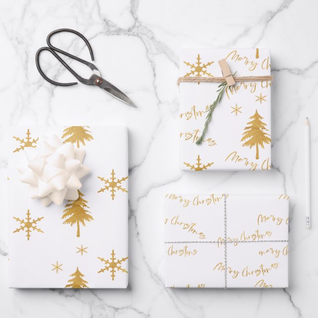 Elegant Faux Gold Christmas Tree Pattern Gift Wrapping Paper Sheets (Front)