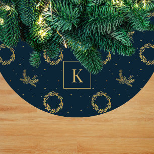 Elegant Faux Gold Christmas Wreath Monogram Fleece Tree Skirt